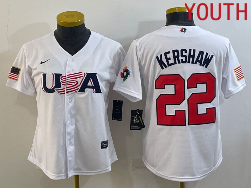 Youth 2023 World Cub USA #22 Kershaw White MLB Jersey2->youth mlb jersey->Youth Jersey